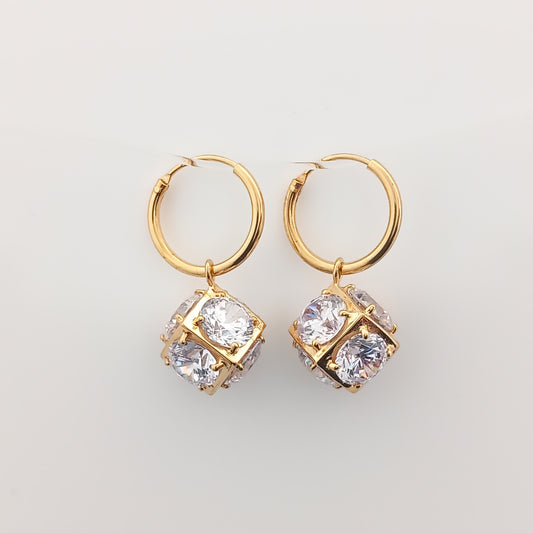 Cube Charm Hoop Earrings (Gold)