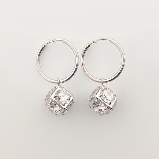 Cube Charm Hoop Earrings (Silver)