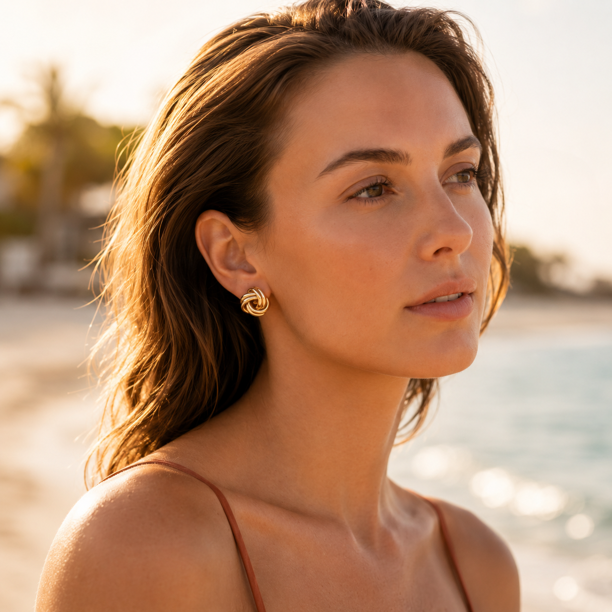 Double Row Knot Gold Stud Earrings Lifestyle