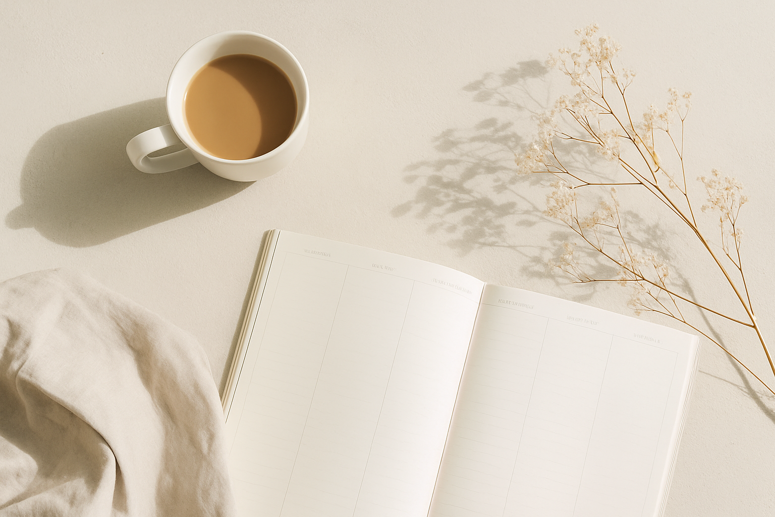 Cup of coffee, notebook, pen, and dried flowers on a light surface