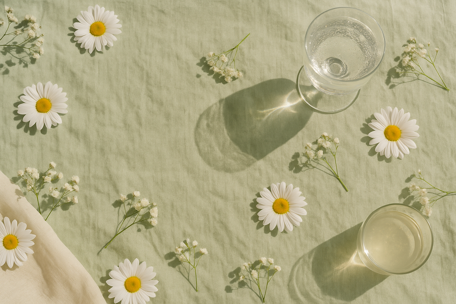 Glass of water with daisies on a light green background