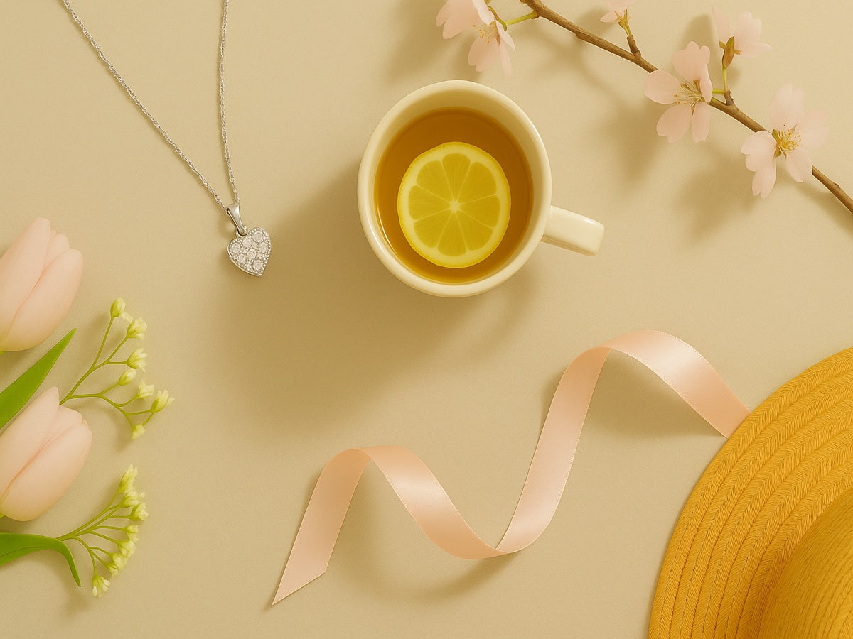 Teacup with lemon slice, pink tulips, and a yellow woven hat on a beige background