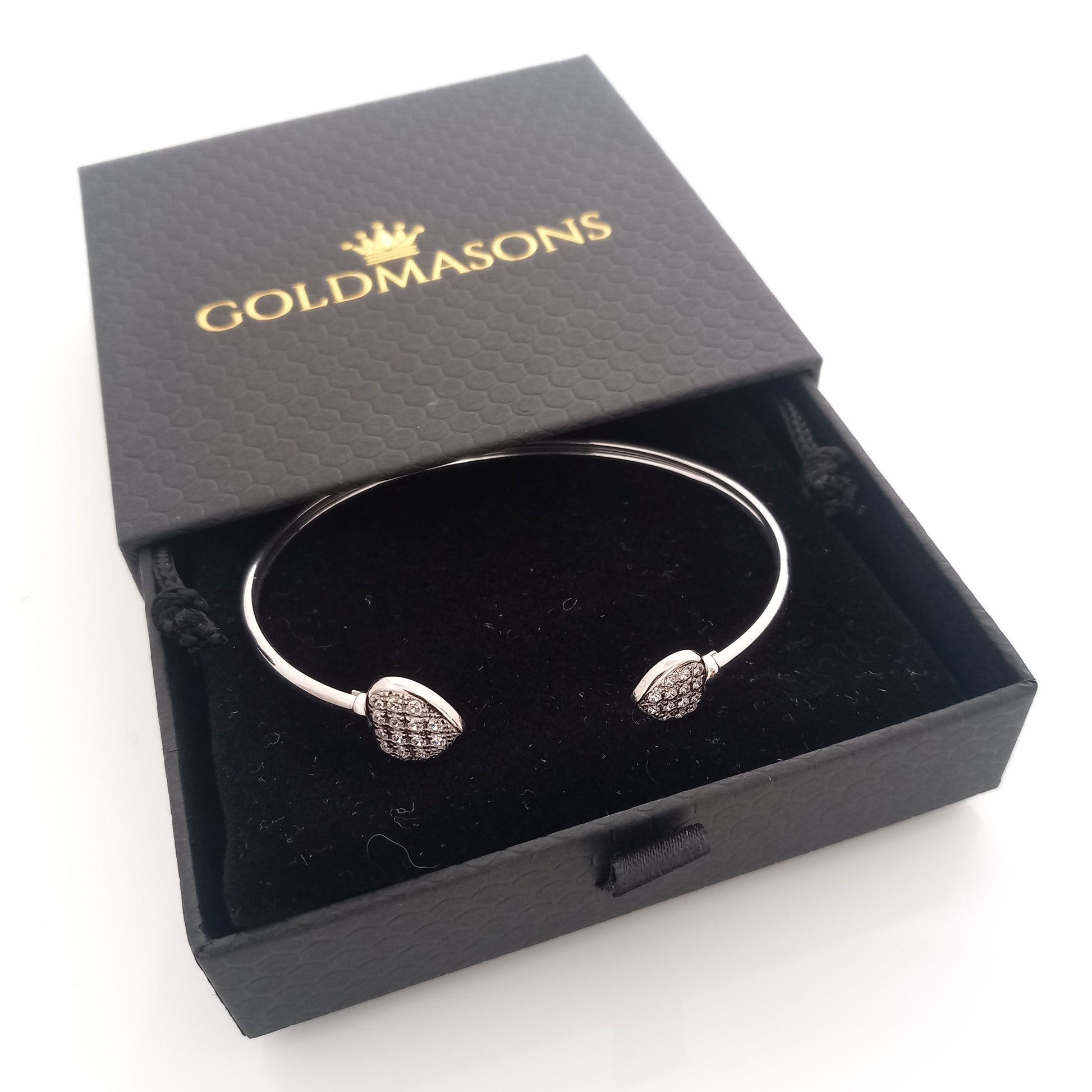 Twin Heart Silver Open Bangle in Goldmasons Gift Box